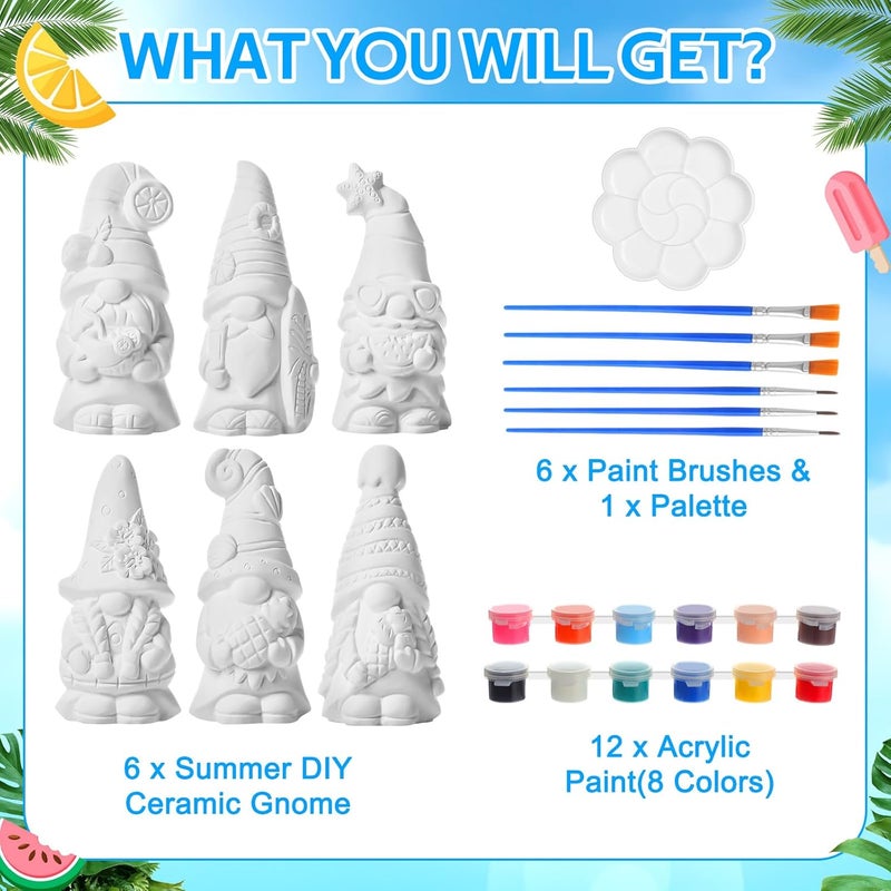 Arrowbash 6 Pcs Summer Ceramics to Paint Ready to Paint Your Own Gnome Statues 5.12 Beach Theme Paintable Figurines DIY Unpainted Ceramics Plaster Crafts Kit with Brush Palette - Image 3